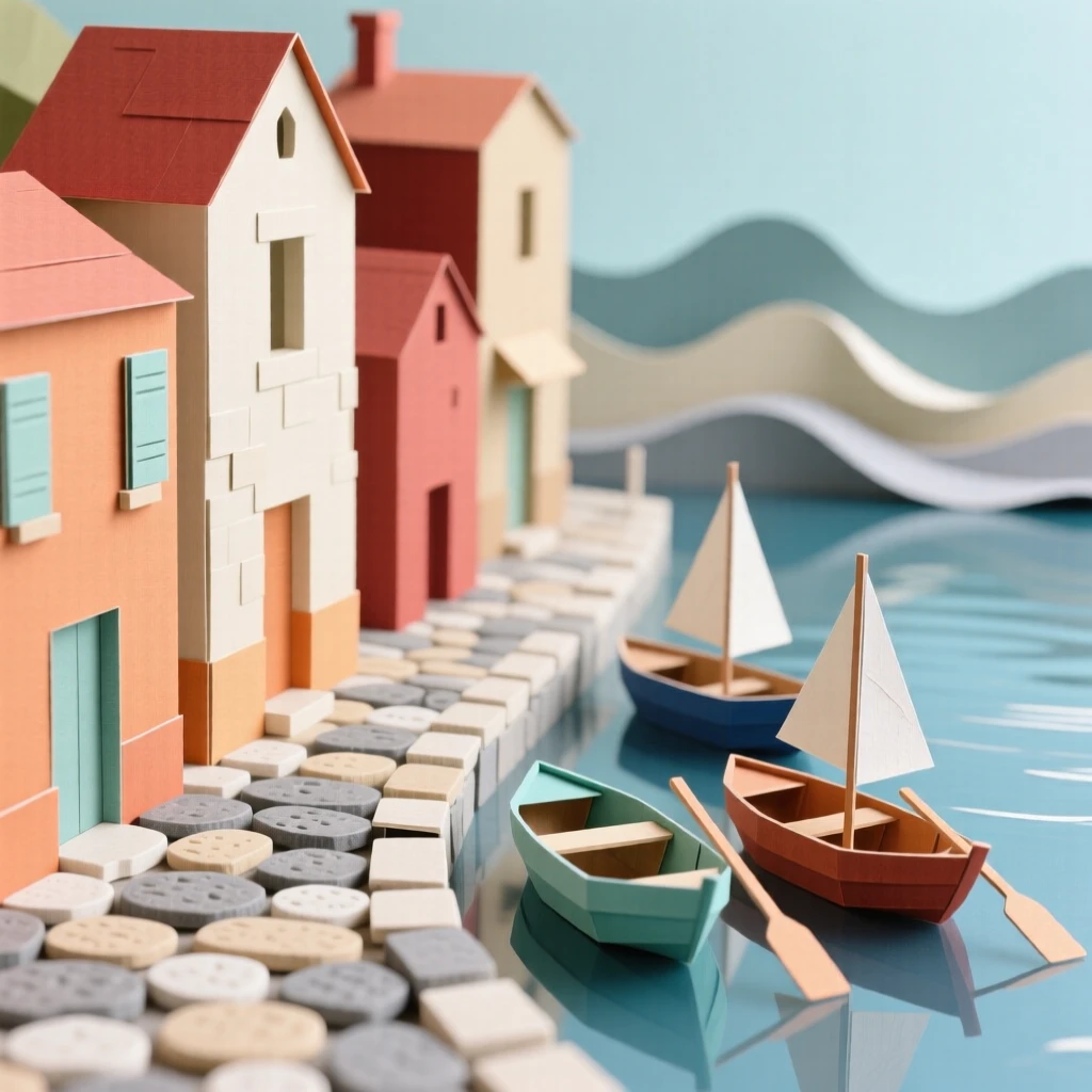 A narrow cobblestone alley in a coastal village reflecting soft colors in still water nearby, with small boats resting along the water, evoking wanderlust and cultural charm.