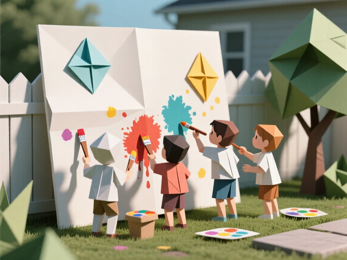 A group of children painting a mural together on a large canvas in the backyard.