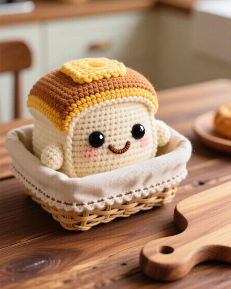 a plump soft dinner roll character, with a golden buttery top, resting in a linen-lined bread basket, displayed in a rustic wooden kitchen table, with a rustic wooden serving board, radiating bright, appetizing cheerfulness.