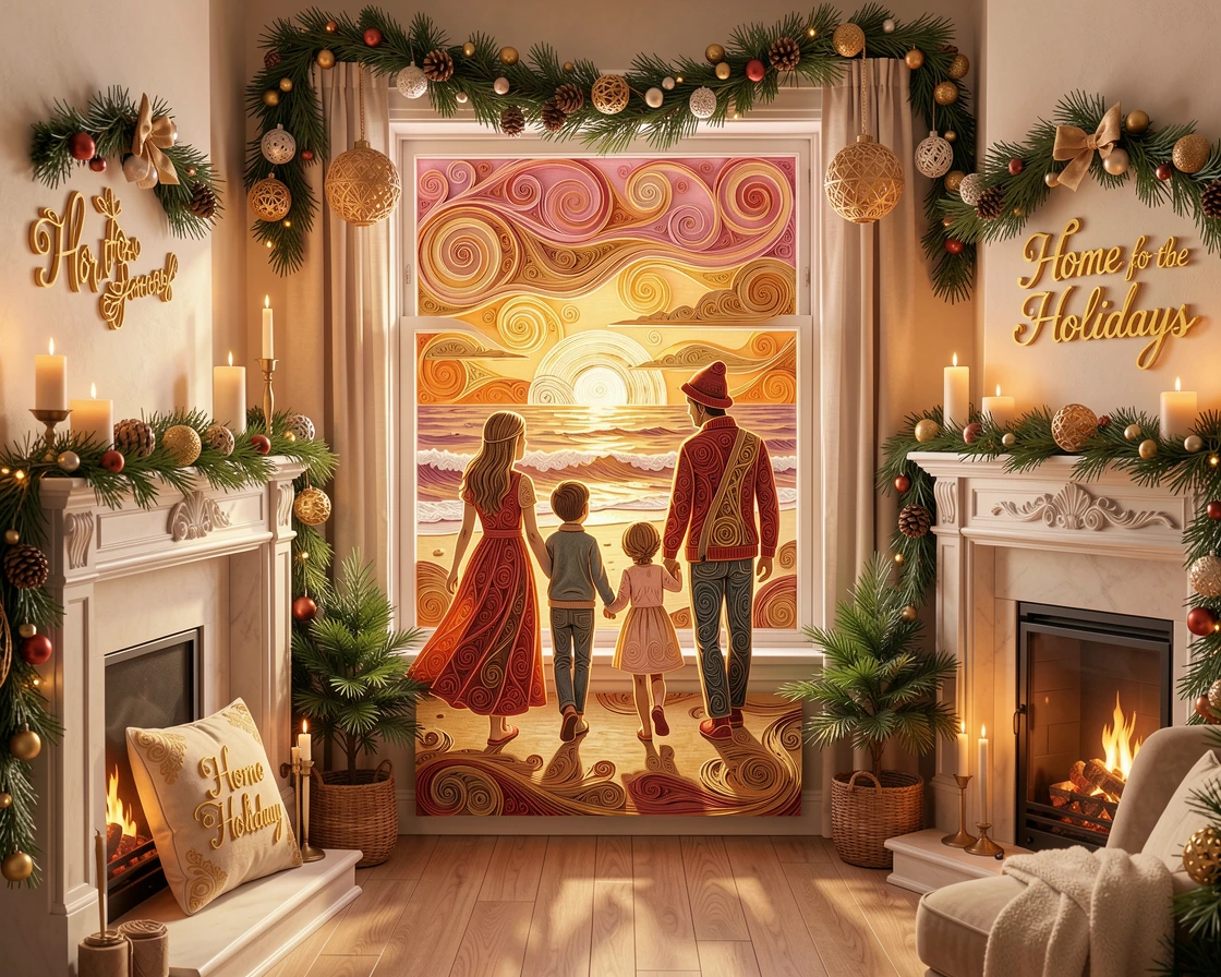 a family walking hand in hand along a beach at sunset, in a softly lit living room decorated for the holidays, composed with generous warmth and closeness between subjects, bathed in warm golden hour light.