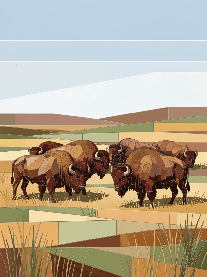 A herd of bison grazing on the open american plains, captured in soft natural light with a shallow depth of field.