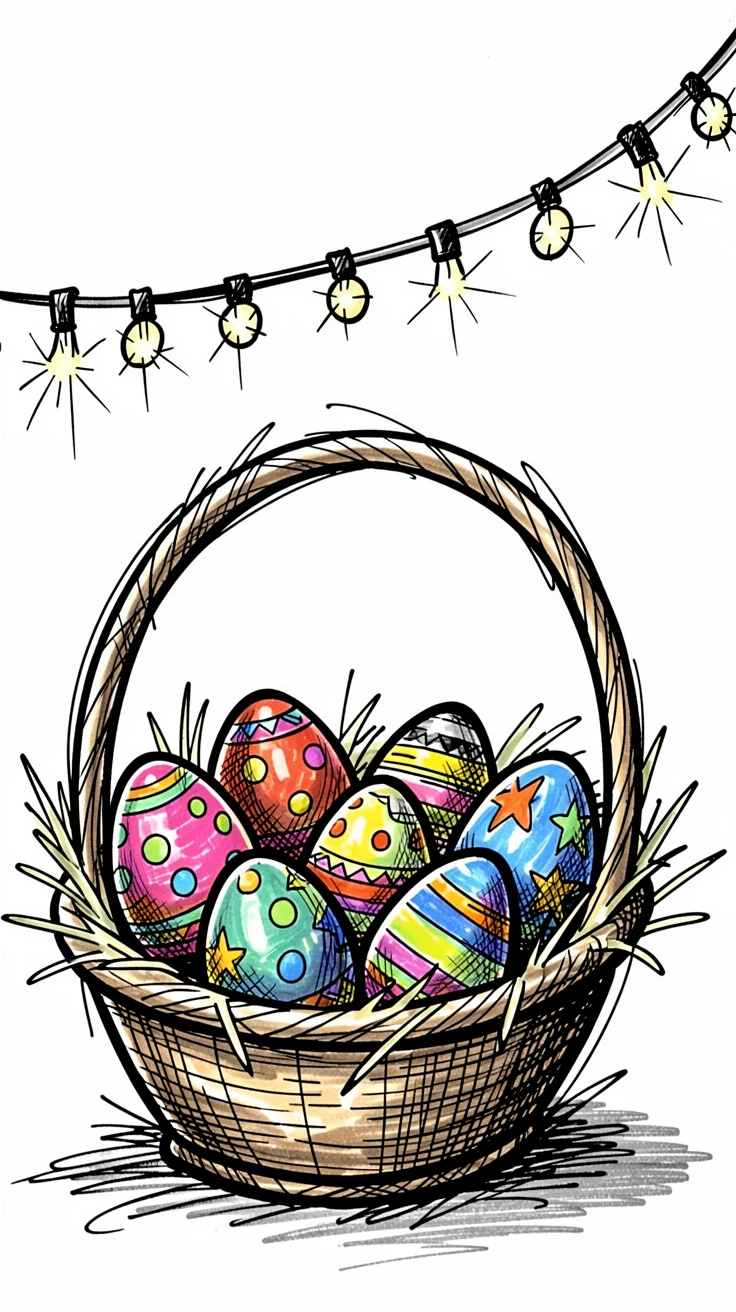 A basket of colorful painted eggs under twinkling string lights at dusk.