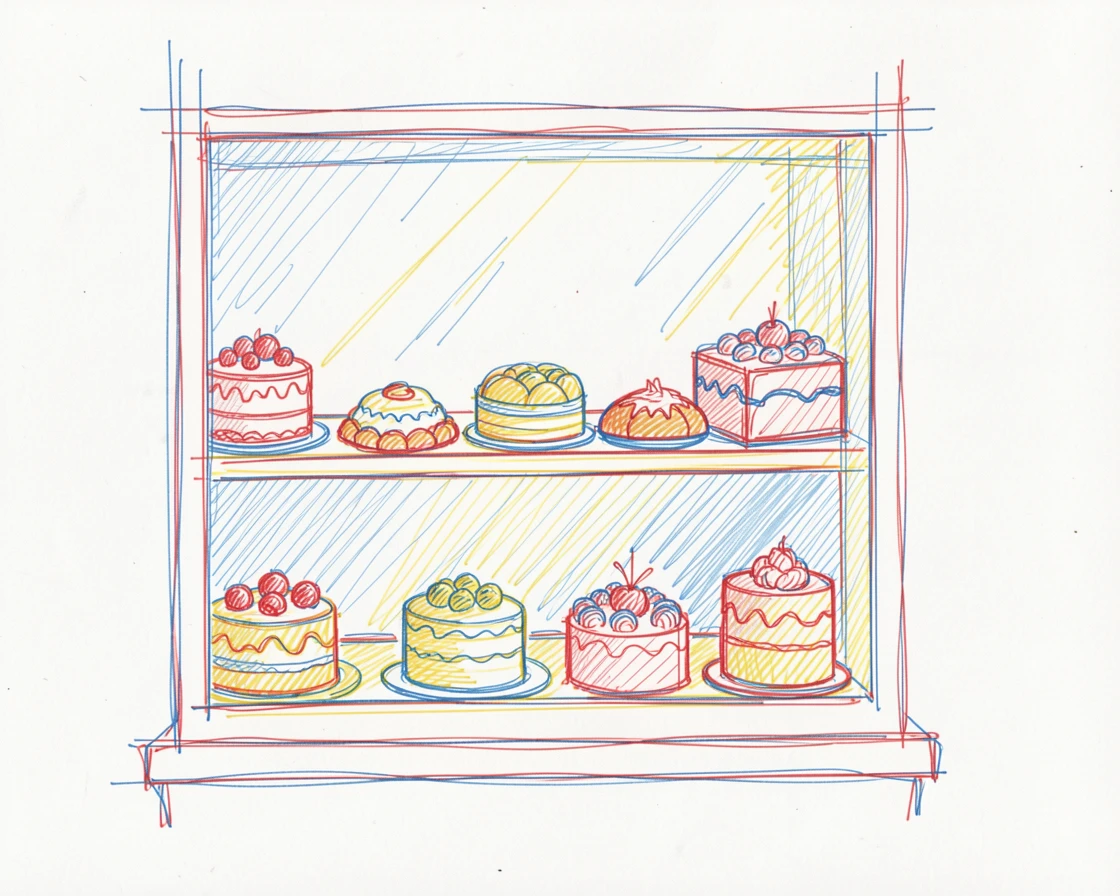 A traditional bakery window filled with colorful pastries and cakes