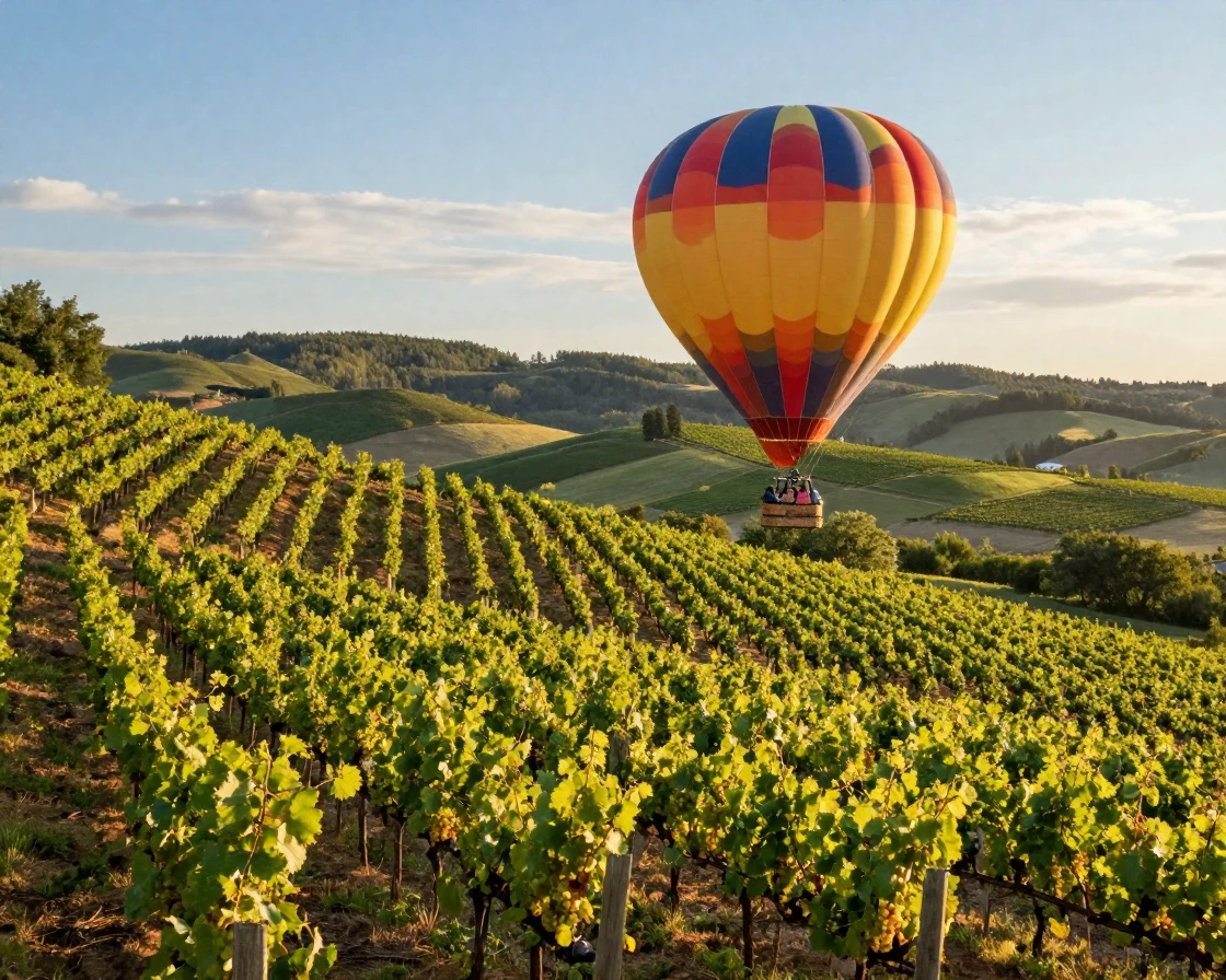A hot air balloon ride drifting over vineyard terraces