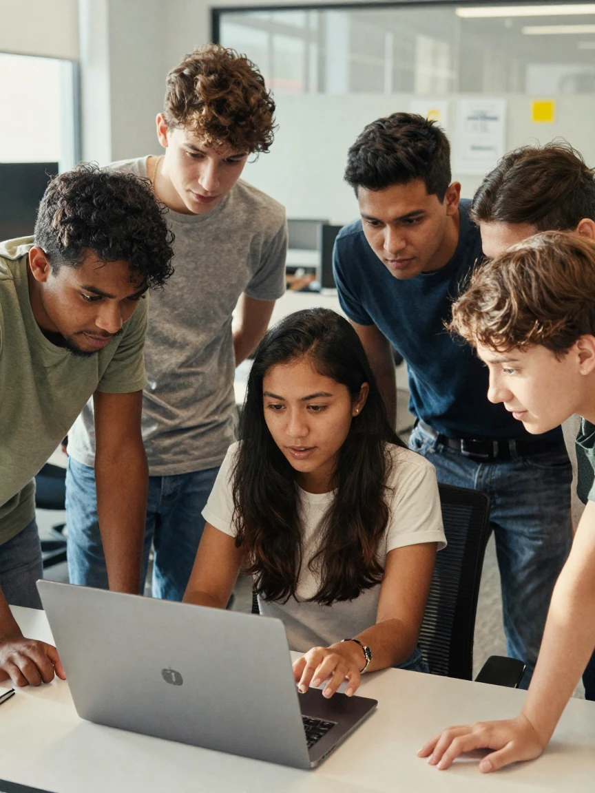 A group of interns learns to code together around a single shared laptop.