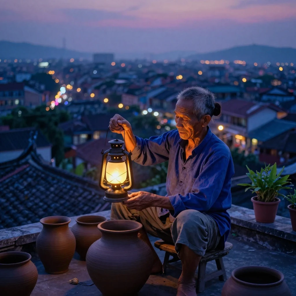 An elderly Vietnamese potter holding a lantern in the fading light on a rooftop overlooking a sleeping city