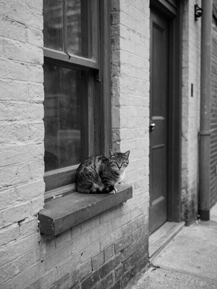 A stray cat finds a warm spot on a windowsill beside a quiet alley doorway.