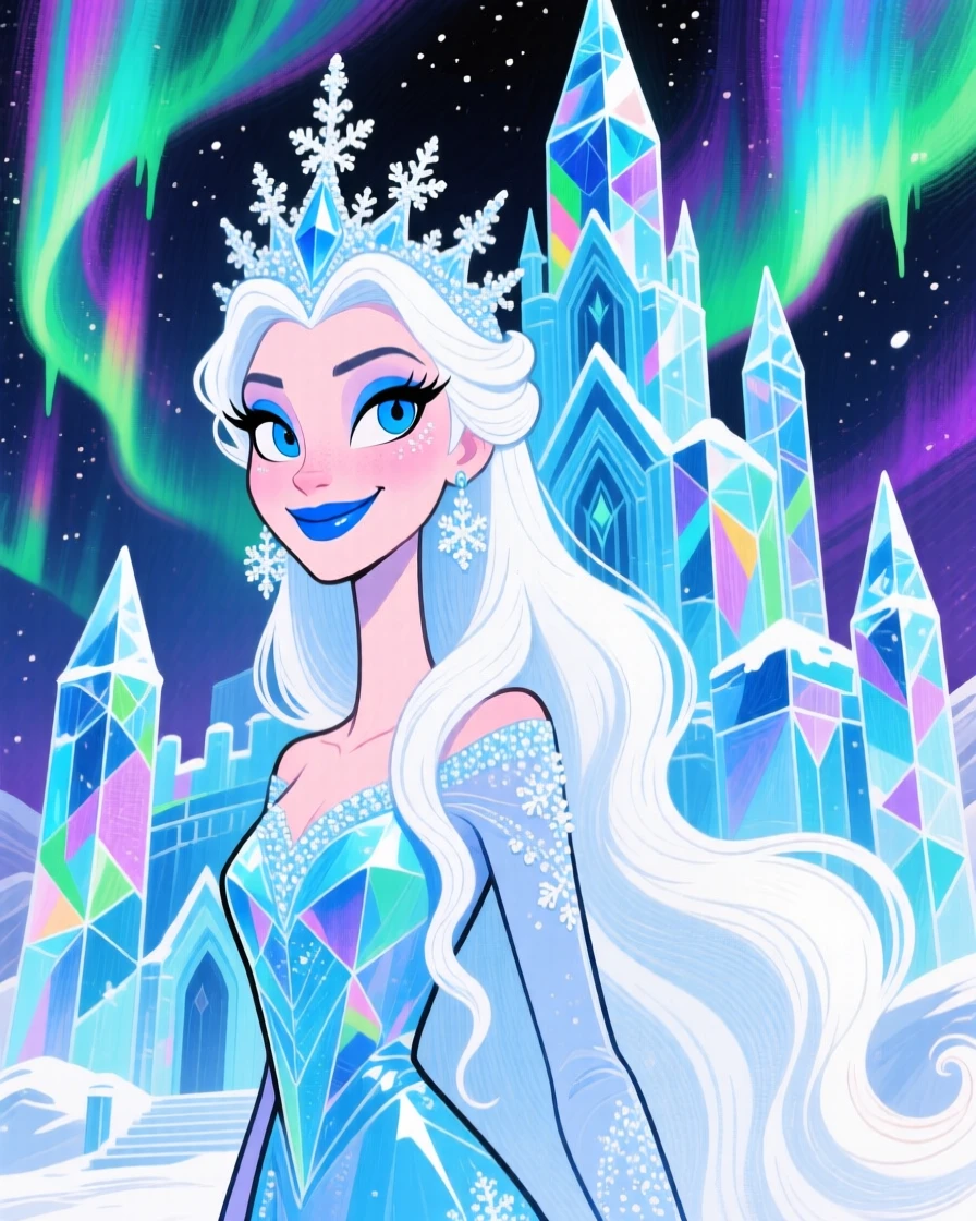 A snow queen's ice palace glittering under the aurora borealis.