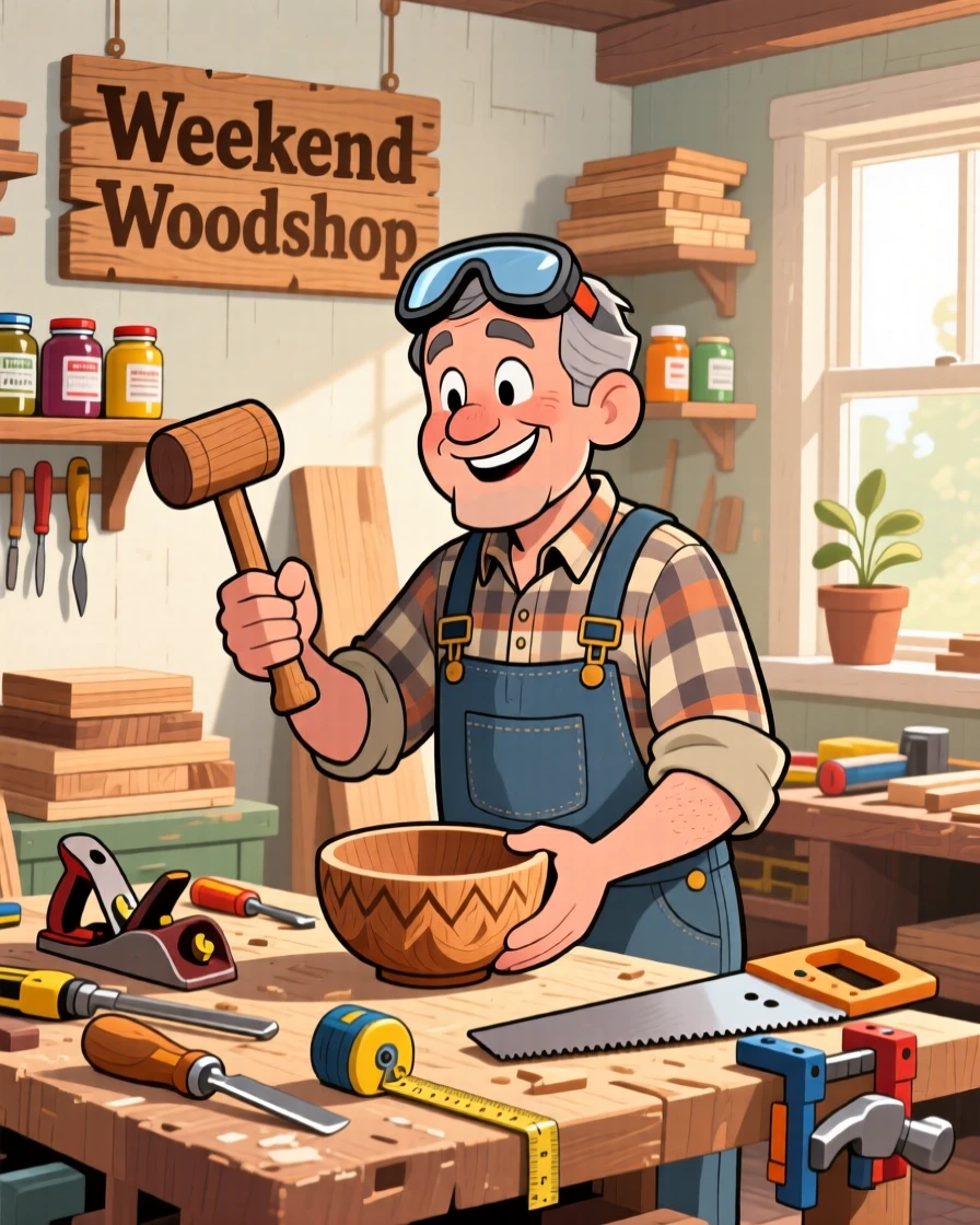 An everyday-life snapshot of a weekend woodworker, surrounded by all the tools of their craft, on a quiet weekend afternoon.