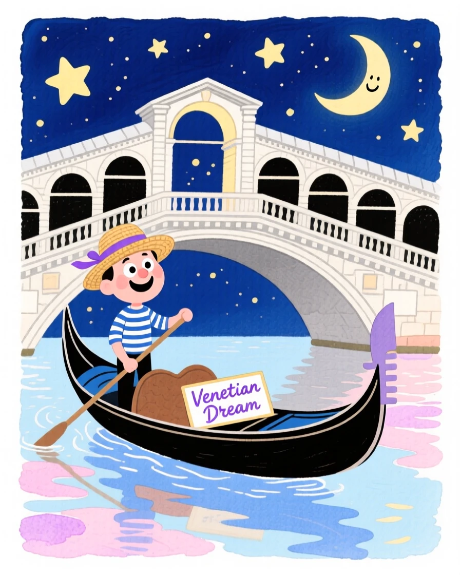 A dreamy travel postcard scene of a gondola gliding past a Venetian bridge under a starry night sky