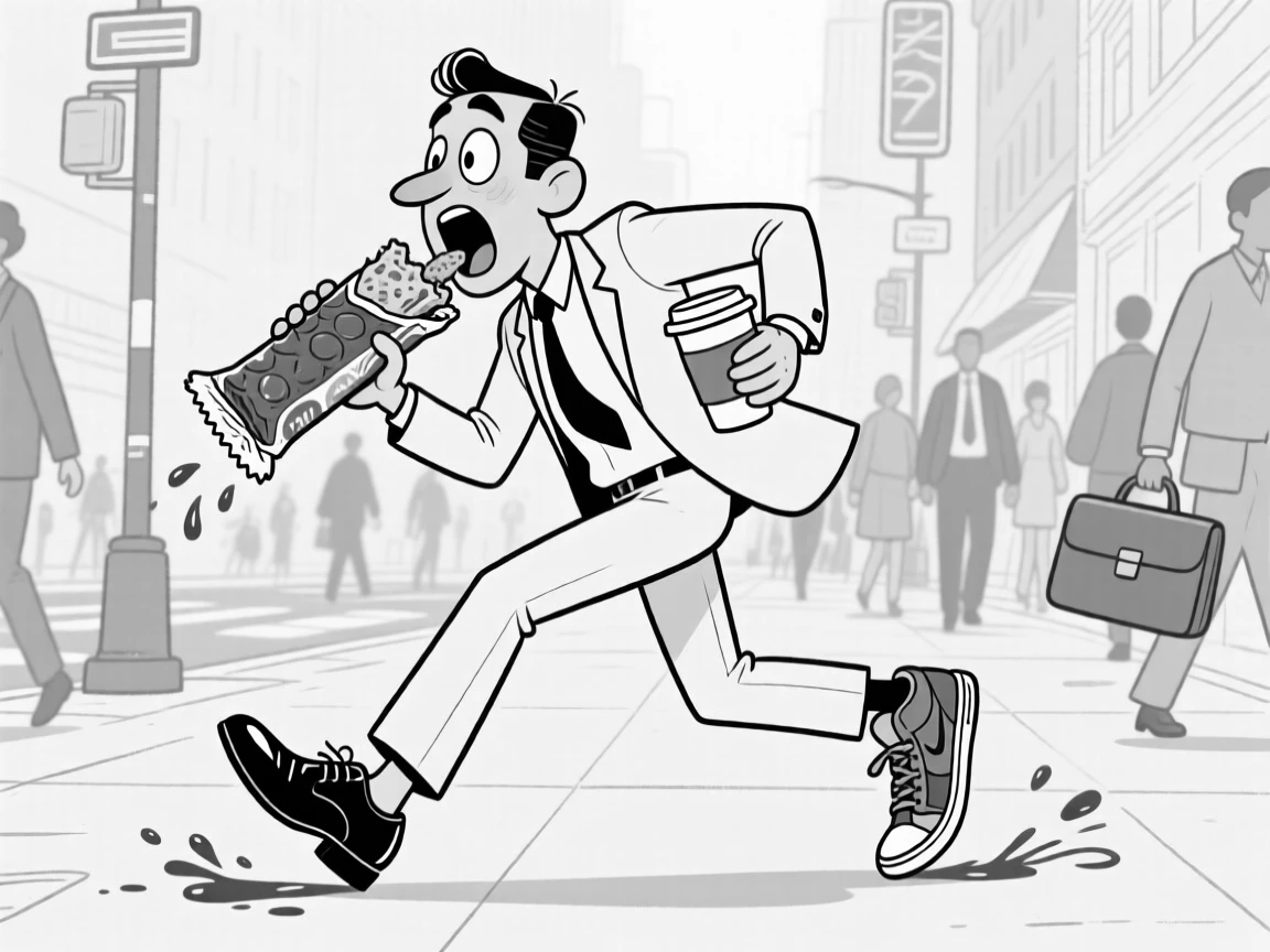A man realizing too late he's wearing mismatched shoes, shoving the whole snack into one's mouth at once, set on a busy morning sidewalk. Coffee sloshes dangerously close to spilling. It feels like a meme come to life, equal parts cringe and charm.