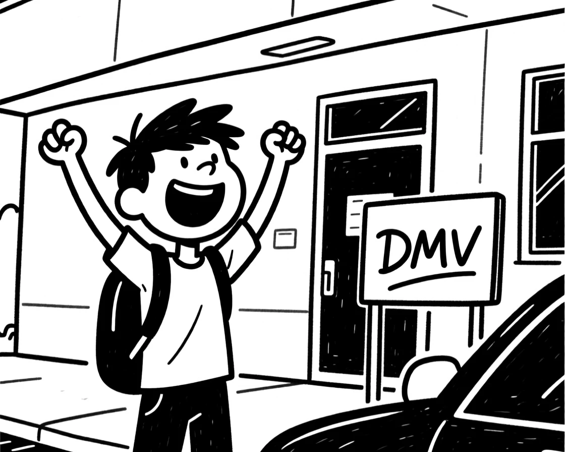 A student passing a driving test, throwing their arms up in celebration outside the DMV.