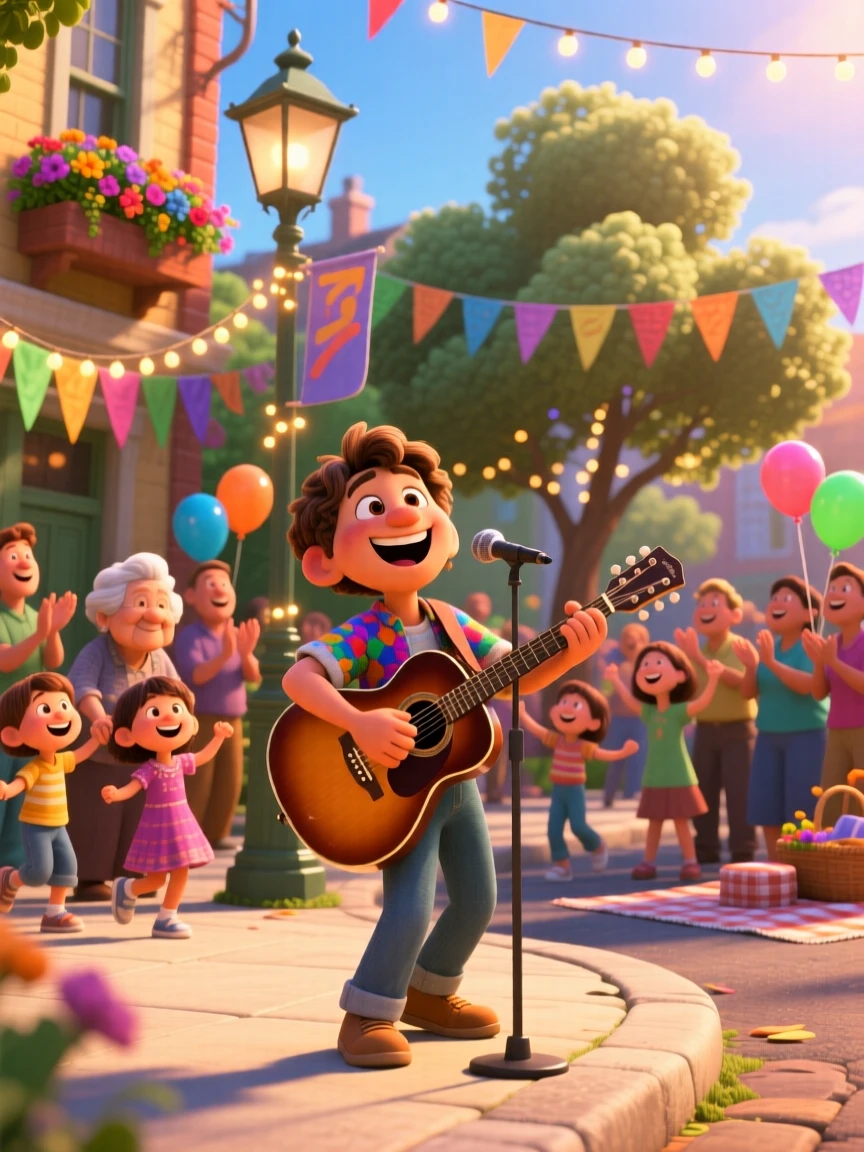 A musician playing joyfully on a street corner unfolds at a lively community celebration, with a gentle breeze rustling nearby leaves. Pure joy and warmth radiate from the scene.