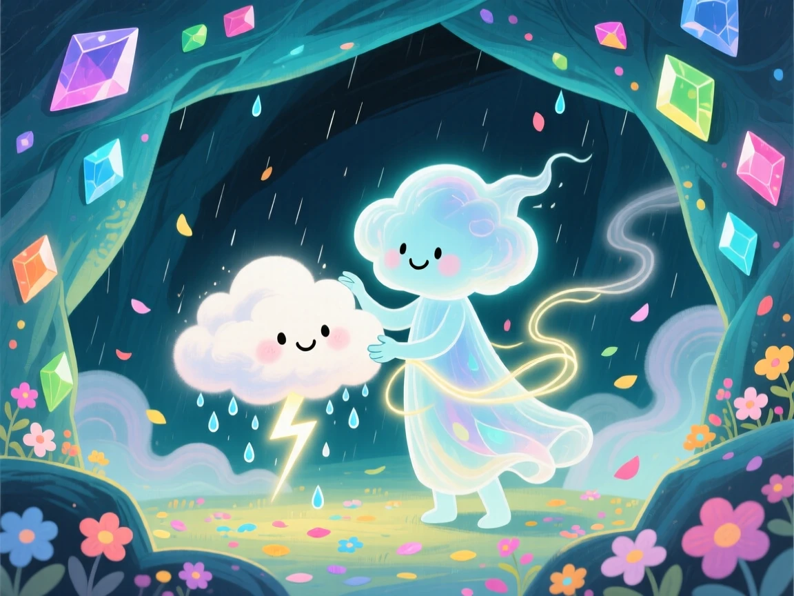 Deep within a glowing cave of gems, a cloud spirit spends the evening taming a gentle storm cloud, while a gentle breeze carries the scent of flowers.