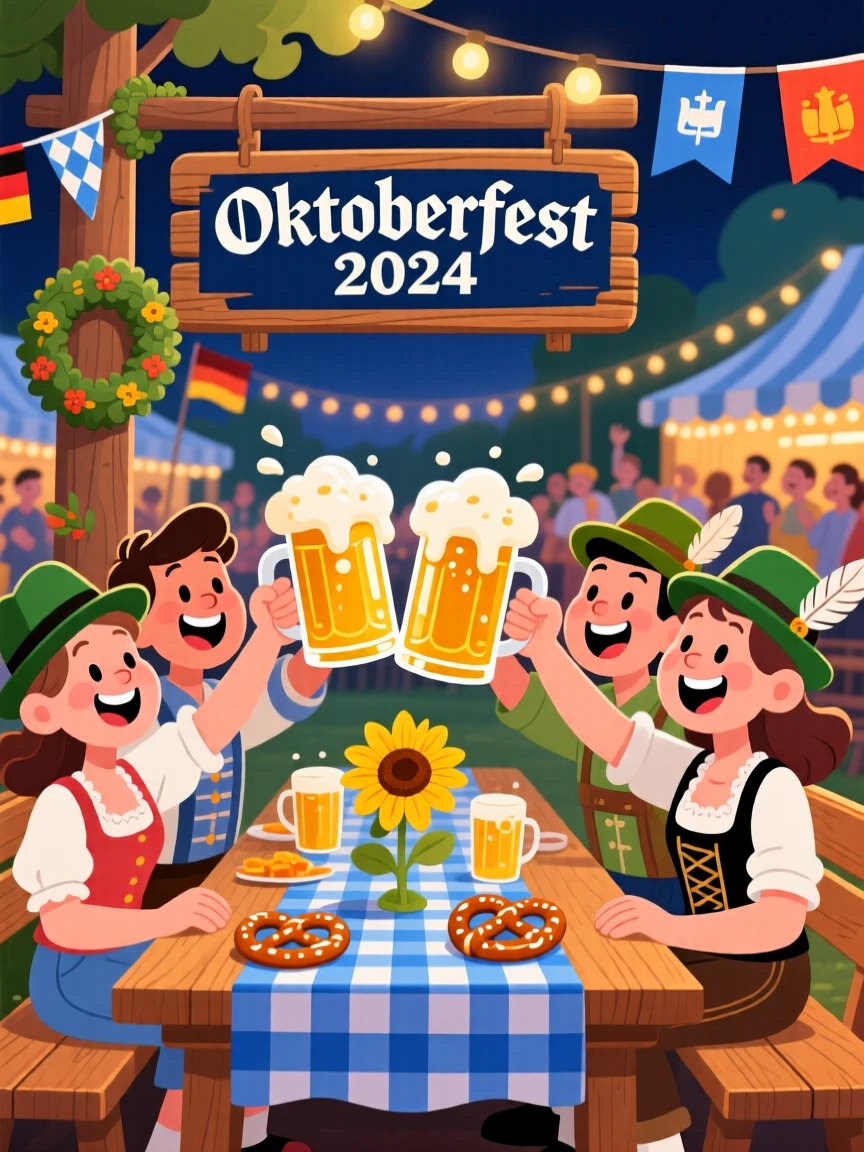 Friends raising steins together at a lively Oktoberfest table.