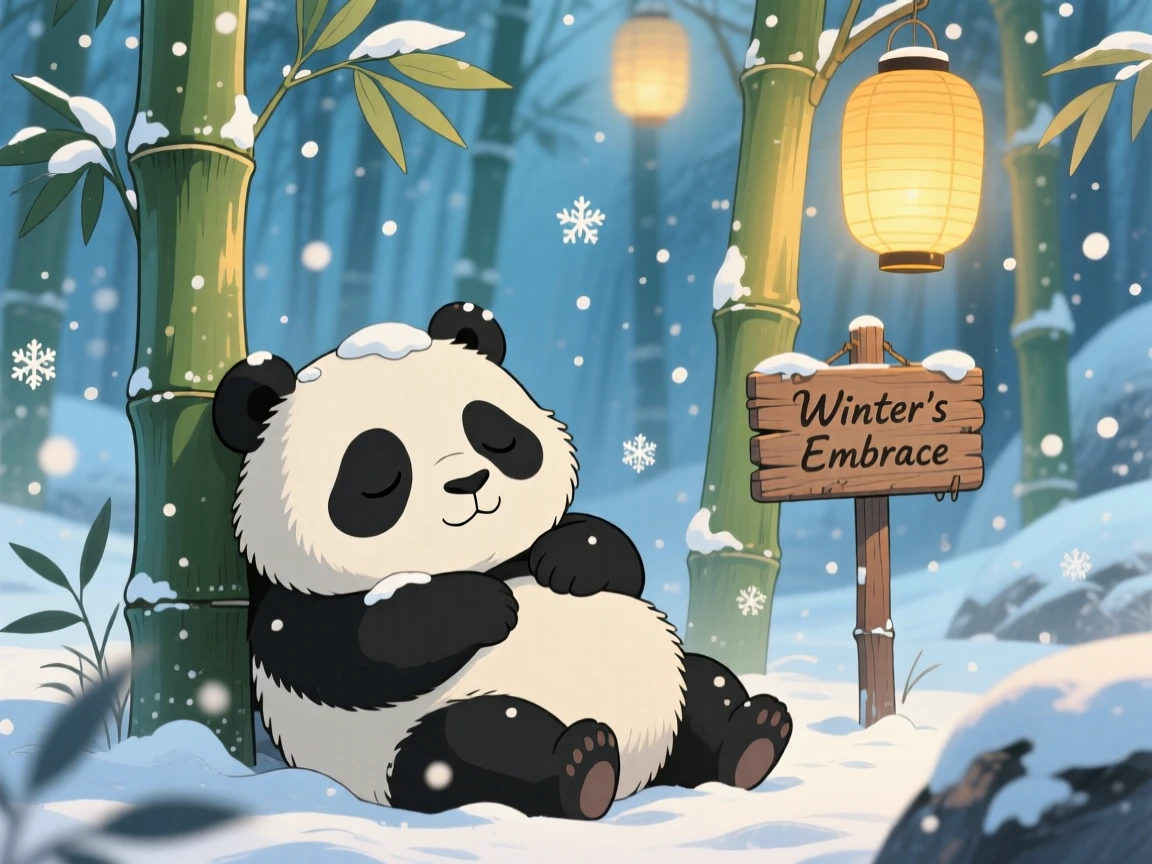 A sleepy panda resting against a bamboo stalk, as gentle snow drifts down around it, radiating pure charm.