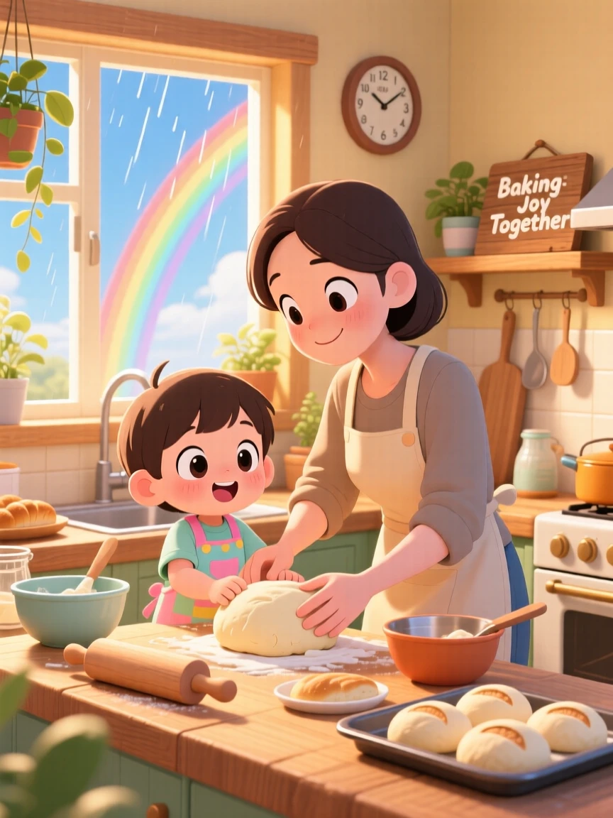 In a warm cozy kitchen, a parent and child are baking bread together in the kitchen under a rainbow after the rain, bathed in soft golden-hour sunlight, expression full of wide-eyed wonder. Shot as a dynamic diagonal composition.
