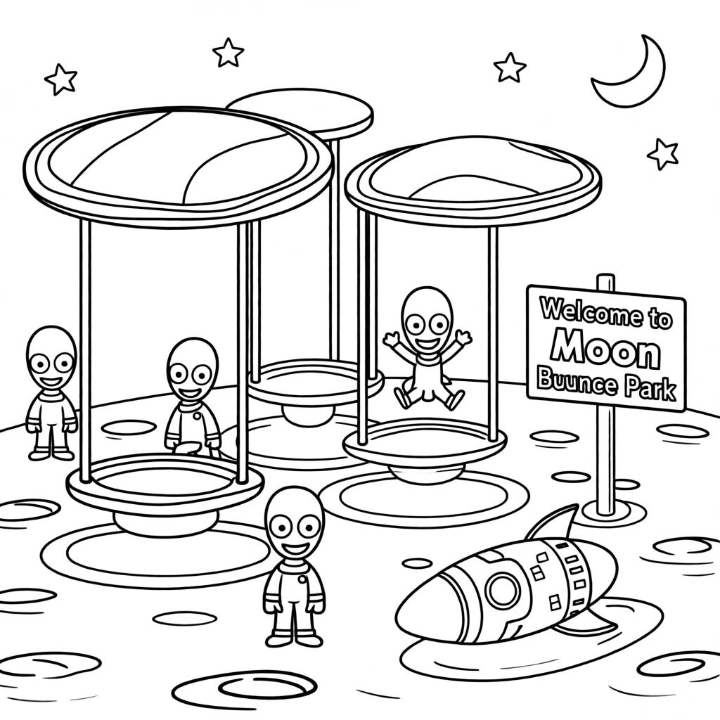 An alien playground with floating trampolines on a distant moon