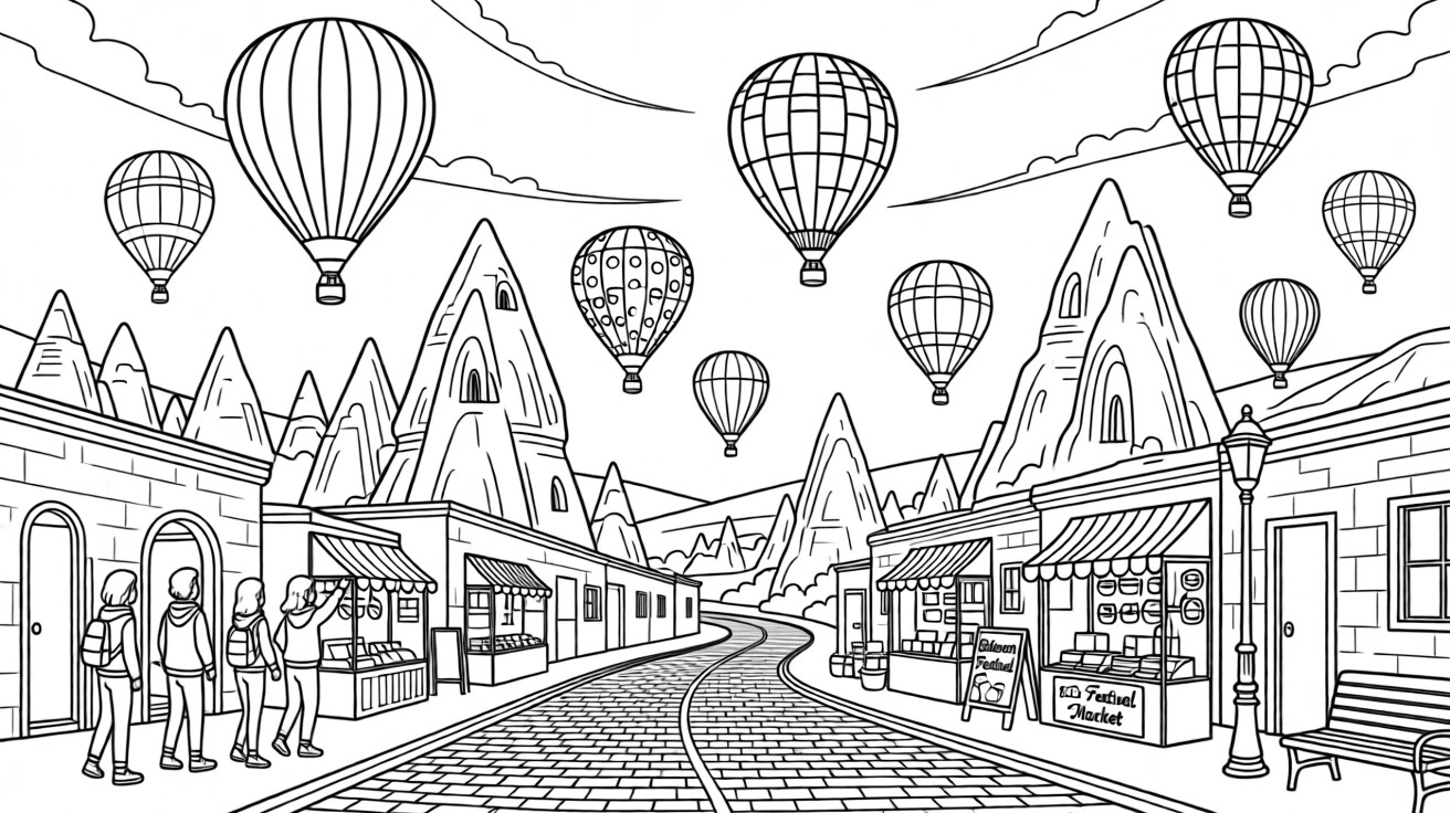 A hot air balloon festival over Cappadocia's rock formations, with cobblestone streets stretching into the distance.