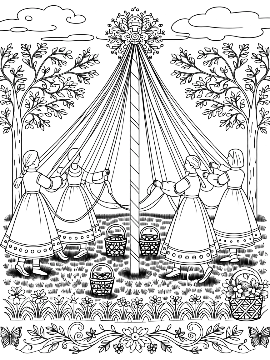 A May Day maypole scene with ribbons woven by dancing figures.
