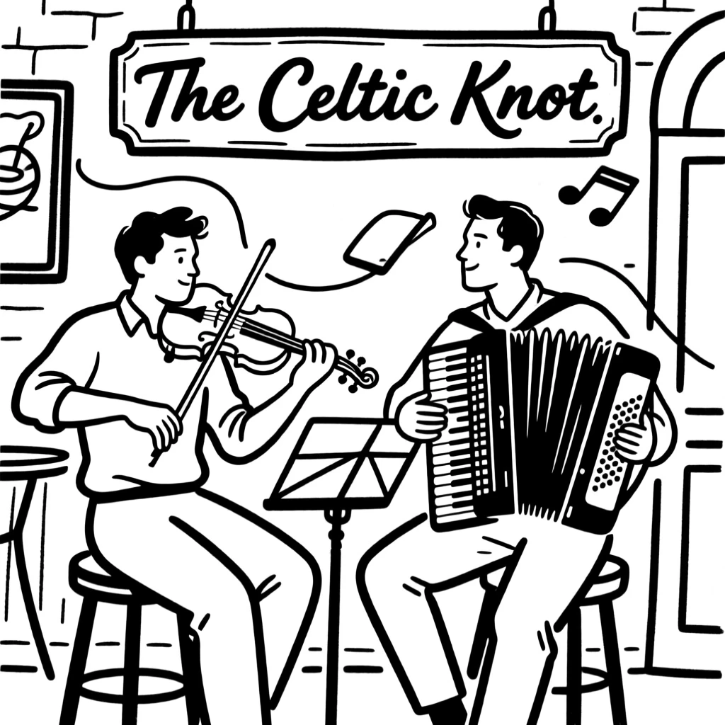 A traditional Irish pub session with musicians playing fiddle and accordion.