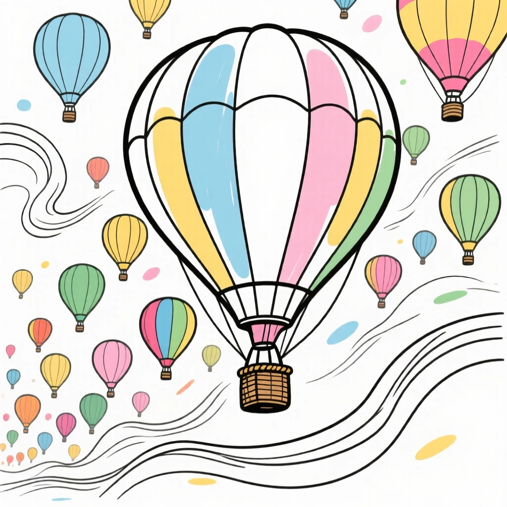 A hot air balloon race with dozens of colorful balloons rising together.