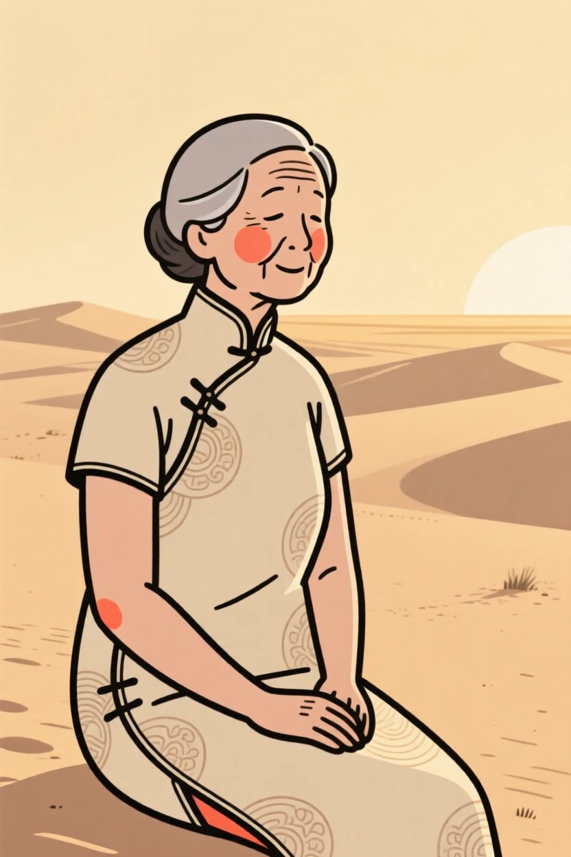 A retired teacher of Korean heritage wearing a Chinese qipao, resting in calm stillness, in a desert at golden hour.