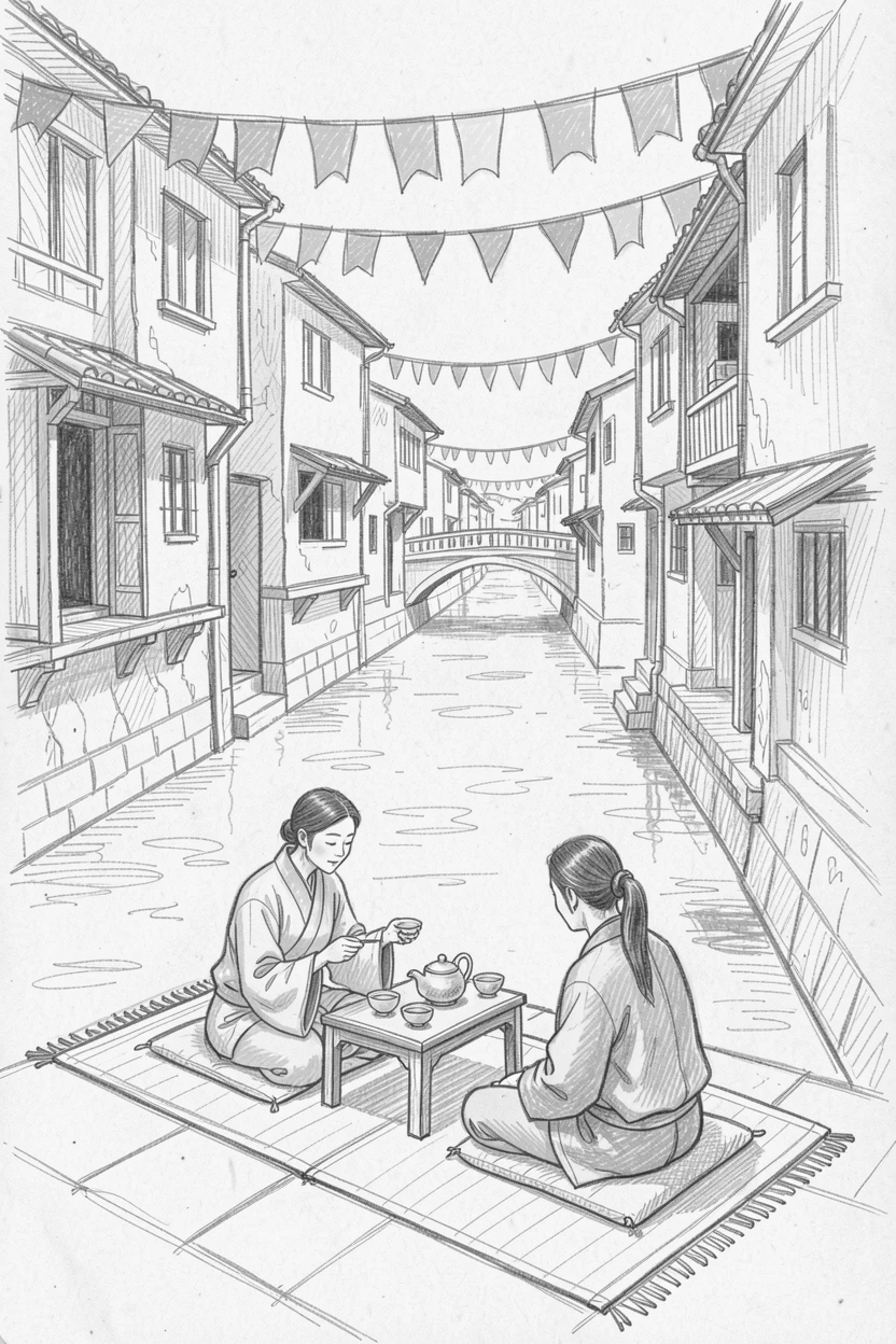 A vibrant cultural scene of a traditional tea ceremony in progress along a quiet canal lined with old buildings, with colorful flags strung overhead.