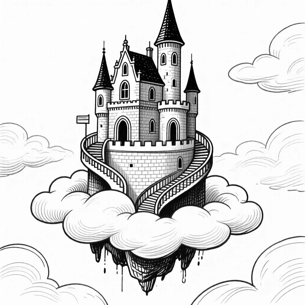A castle floating among the clouds connected by winding staircases.