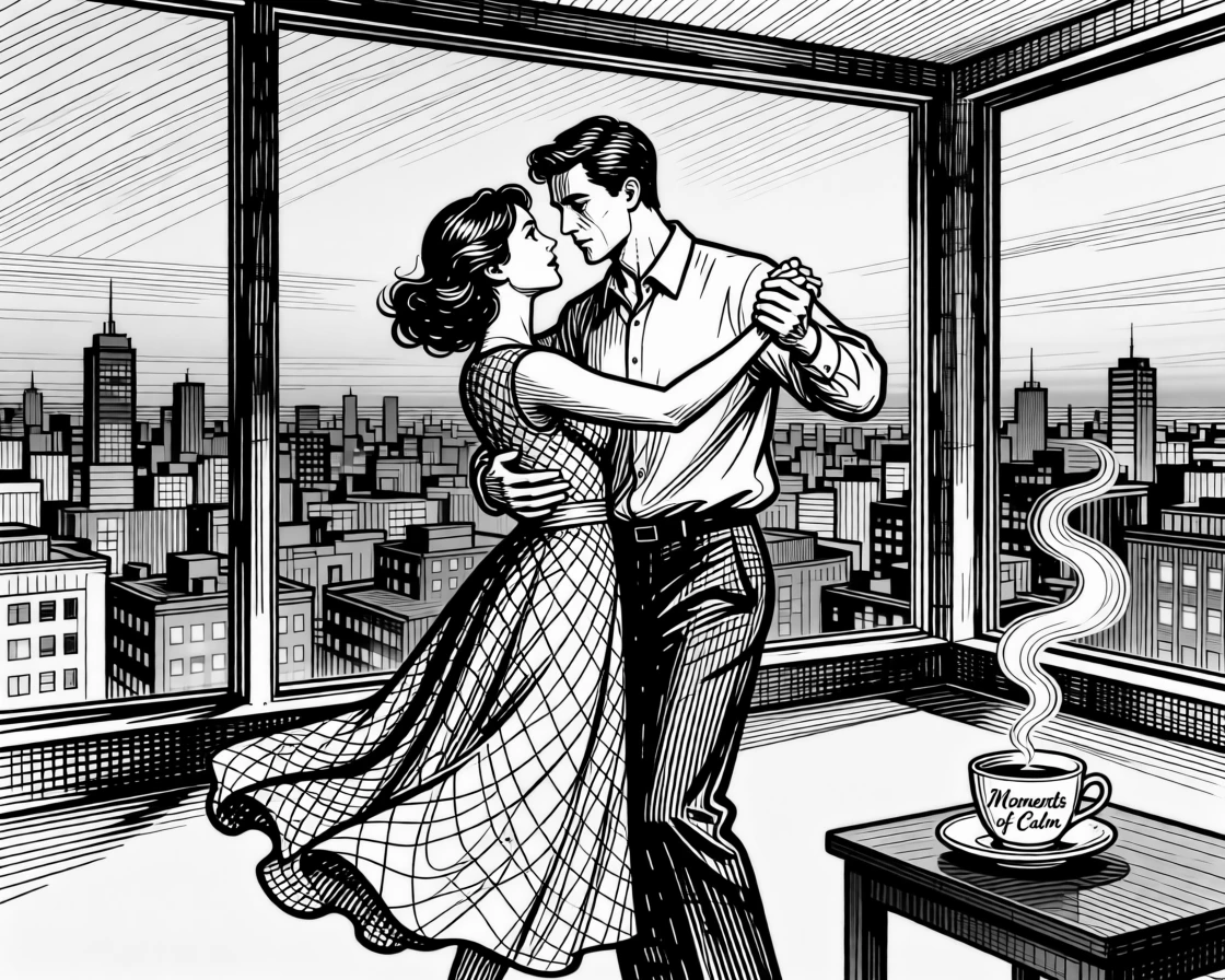 A couple dancing in a softly lit room on a rooftop overlooking the city skyline, with a cup of tea resting close by, creating a wistfully sweet lifestyle scene.