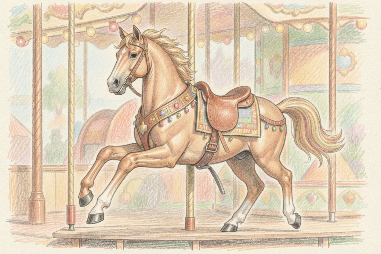 A carousel horse frozen mid-gallop at a vintage carnival, framed thoughtfully to draw the eye toward the central subject, full of charm, emotion, and visual delight.