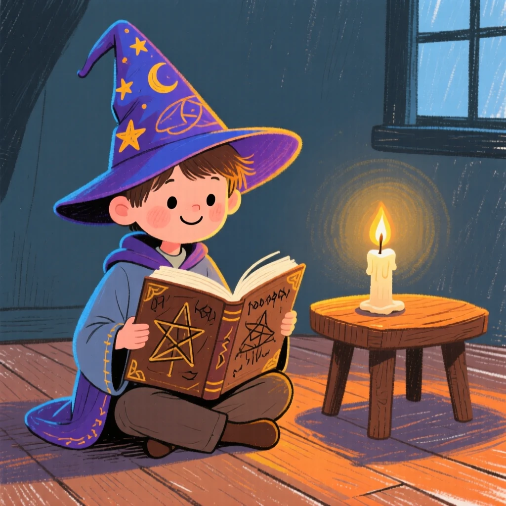 A young wizard reading an ancient spellbook by candlelight.
