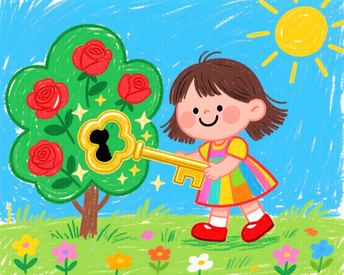 A young girl finding a magic key hidden beneath a rose bush.