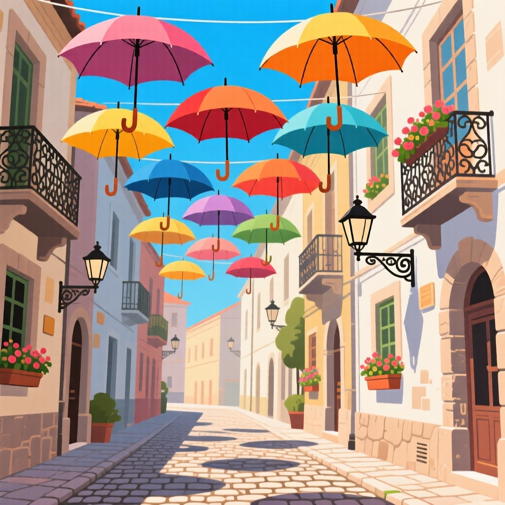 A colorful array of umbrellas hanging above a narrow street, under a clear crisp blue sky, composed with charming architectural details in focus, with a joyful, adventurous atmosphere.
