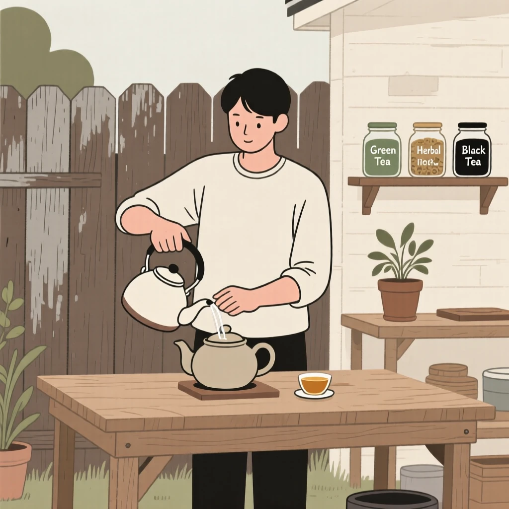 A person brewing a pot of tea in a backyard workshop.