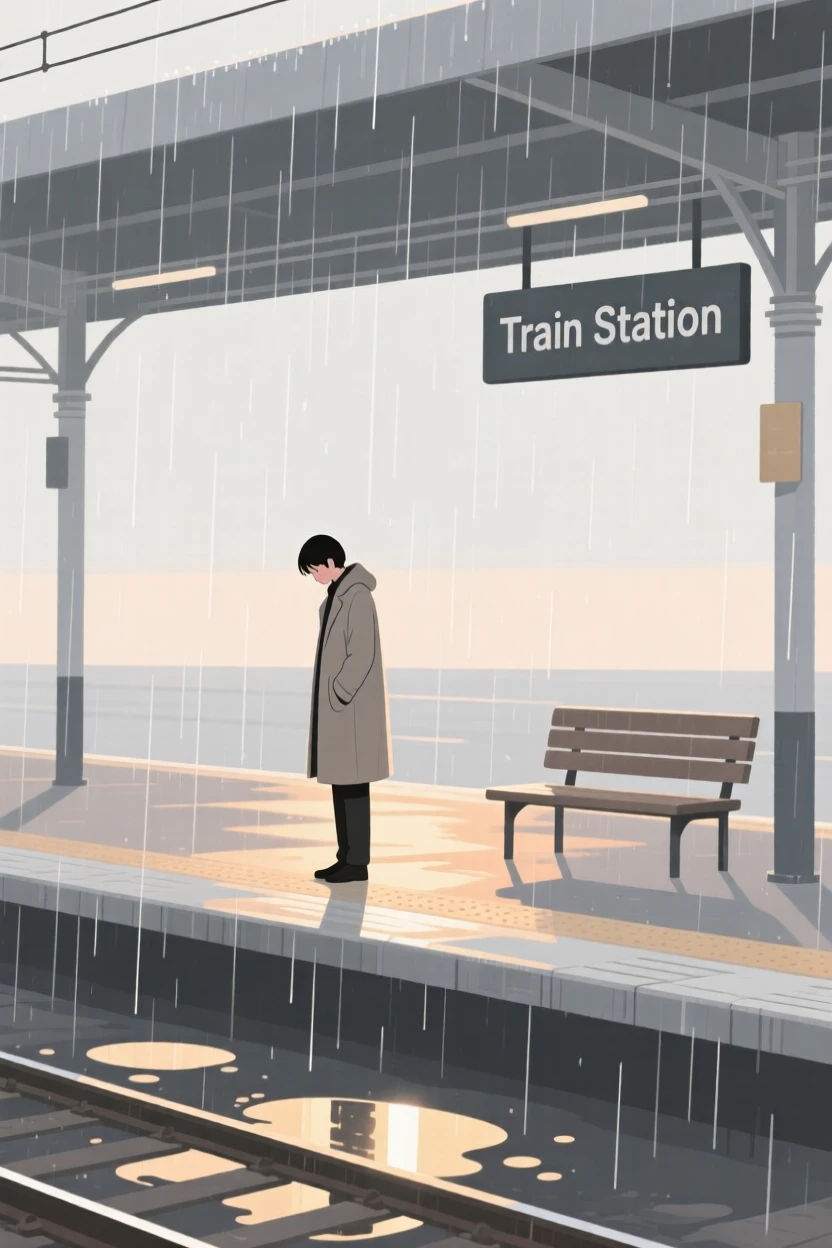 A quiet moment of gentle melancholy as a person watching the rain pauses in an empty train station beside fading sunlight.
