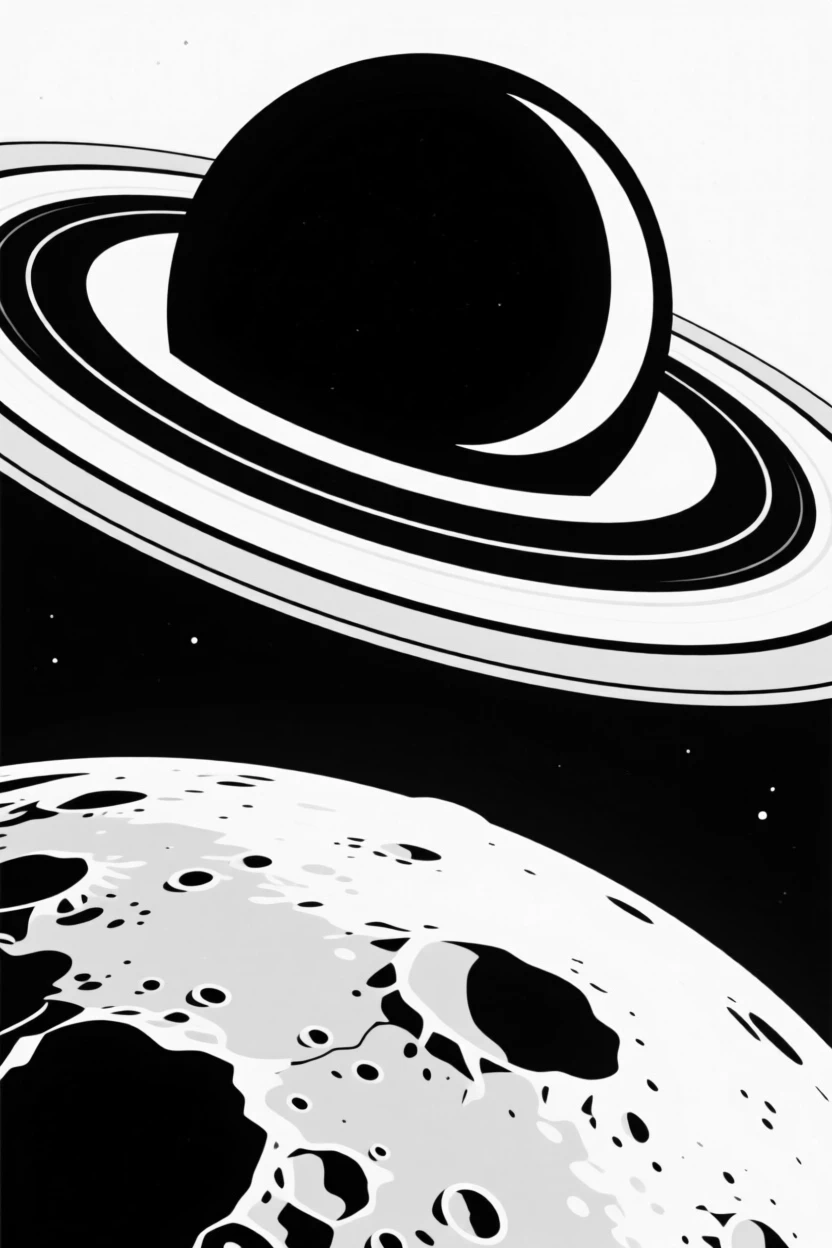 A ringed planet viewed from one of its moons.