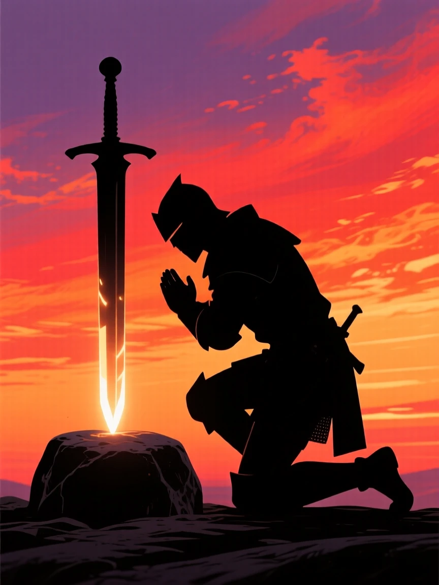 A knight kneeling before a glowing sword embedded in stone.