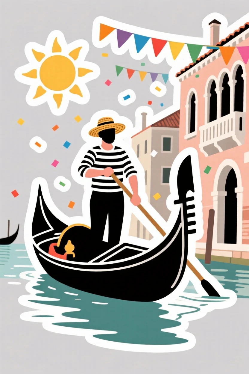 A sun-drenched Venetian gondola gliding on a canal, captured during a festive celebration, during a memorable journey abroad.