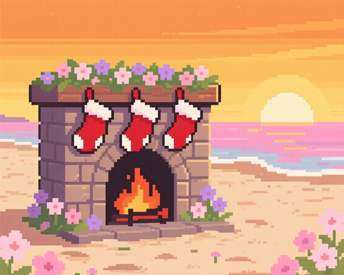 A fireplace stocked with stockings covered in a blanket of fresh spring blossoms, on a sandy beach during a golden summer sunset.