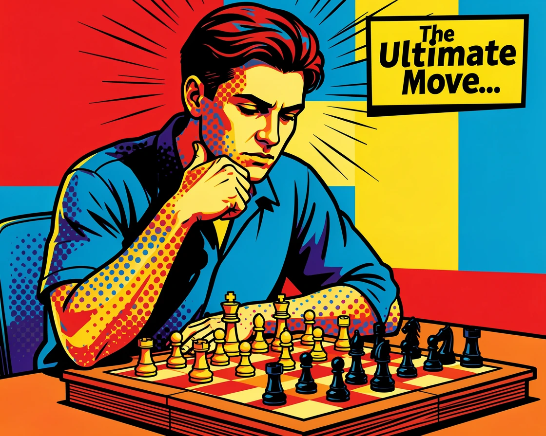 A chess player deep in thought over a wooden board