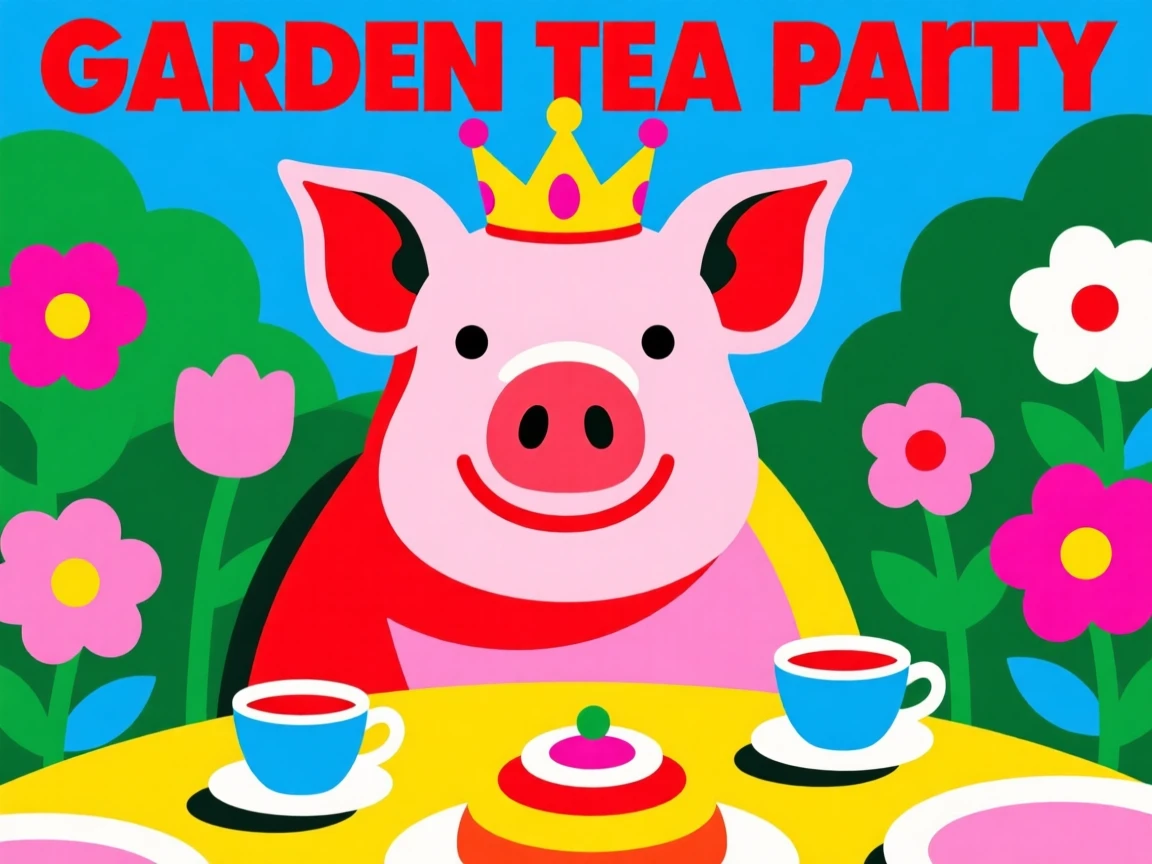 Pig wearing a tiny crown at a garden tea party