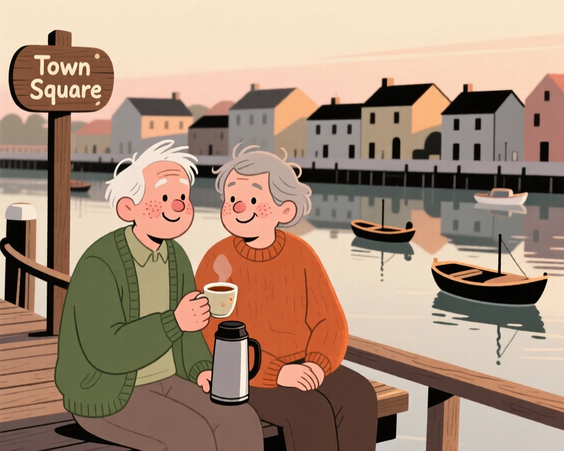 Two old friends sit on a dock railing overlooking the town square below, sharing a shared thermos of tea and easy laughter as boats drift lazily across the water.