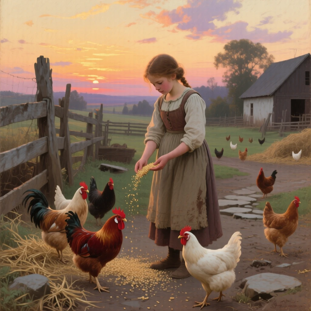 A well-framed scene of a young girl feeding chickens in a farmyard at sunrise, in the last light of sunset, in the early 19th century.