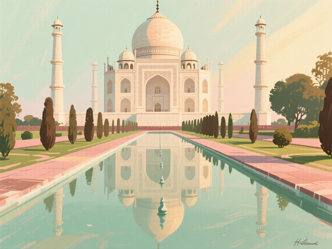 The Taj Mahal reflected perfectly in its long garden pool