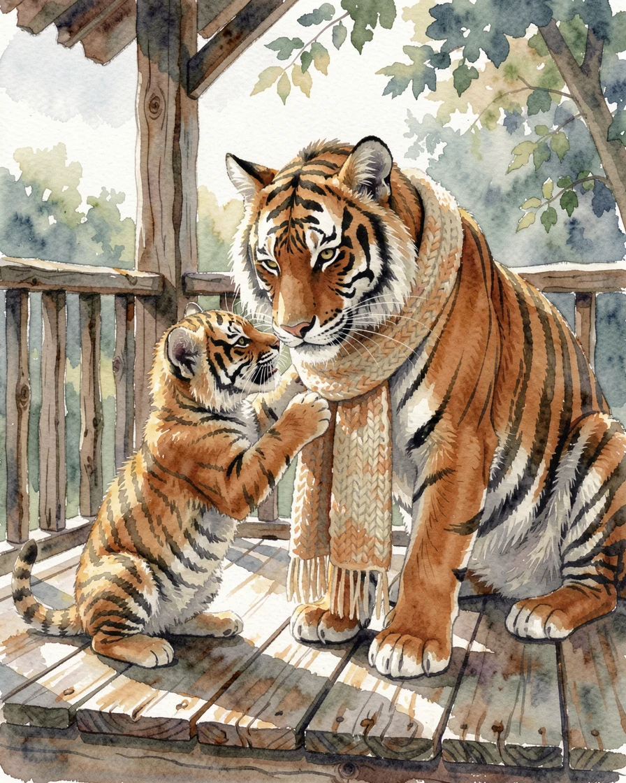 A tiger cub playing with its mother on a wooden porch wearing a cozy knitted scarf.