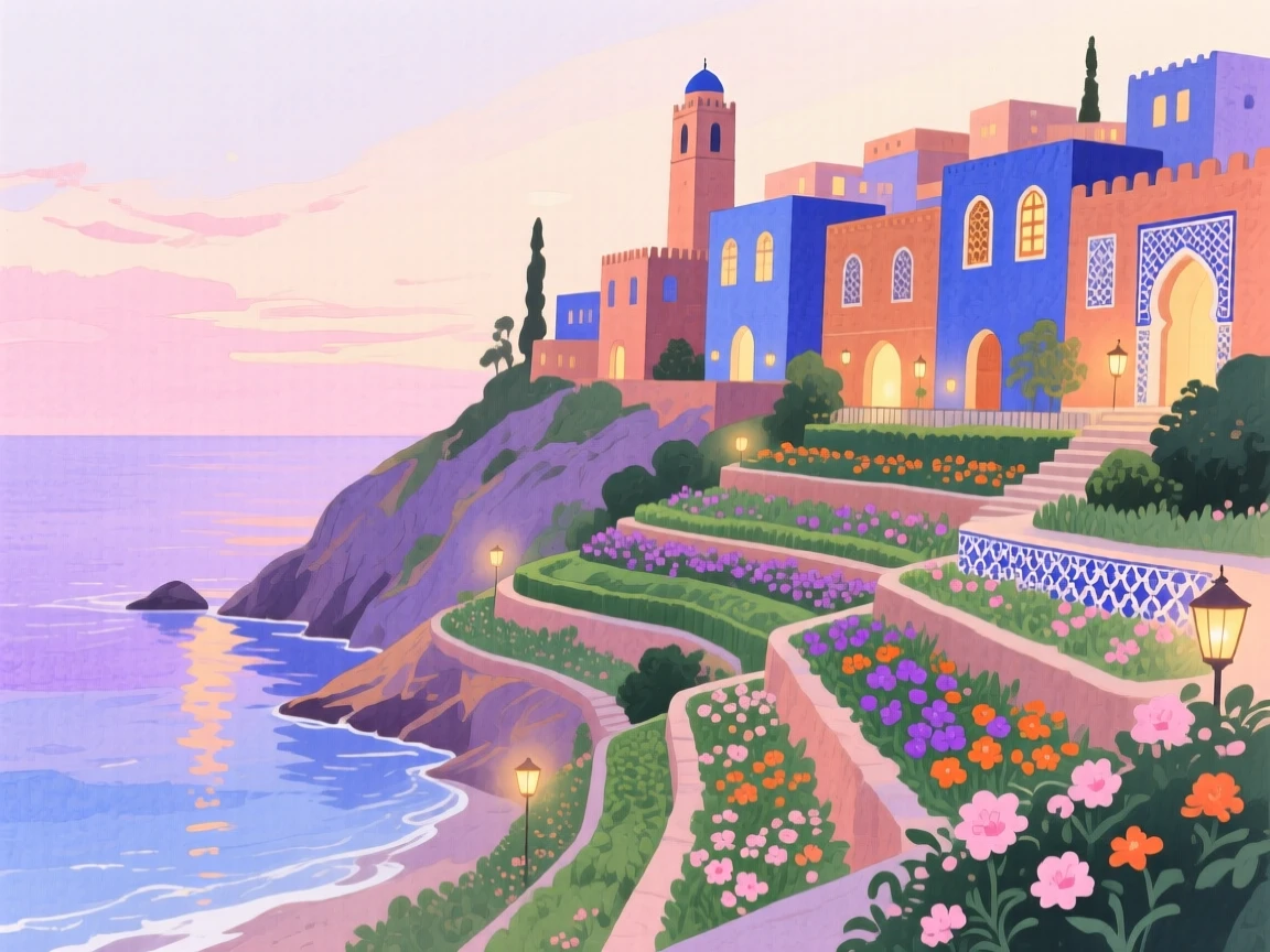 A picturesque view of a colorful Moroccan medina with terraced gardens overlooking the sea, as evening lights begin to glow
