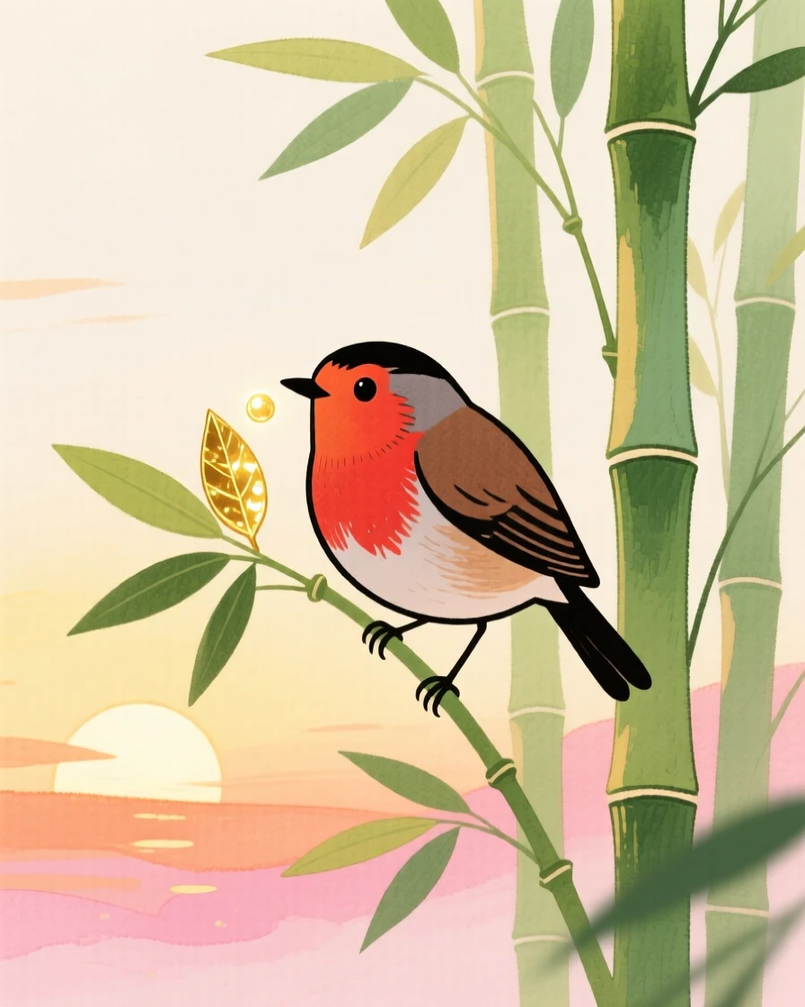 A chirping robin discovering something new in a bamboo grove at sunrise.