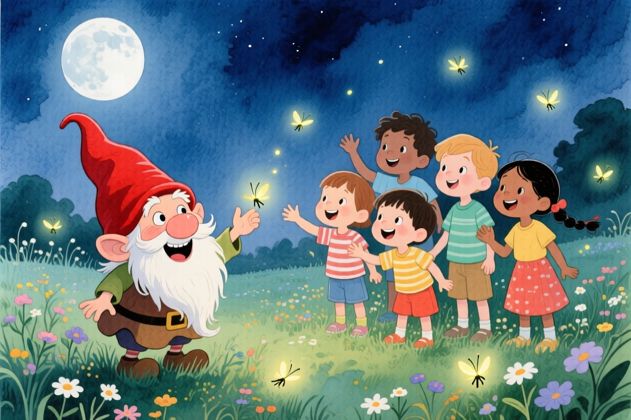 A mischievous gnome playing with a group of delighted children, in a moonlit meadow dotted with fireflies, evoking awe and quiet enchantment.