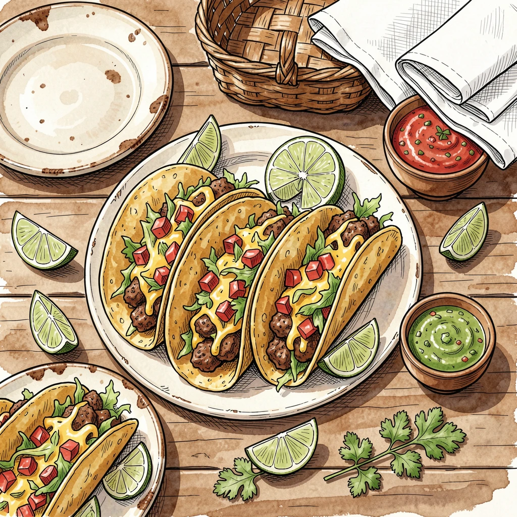 A colorful taco spread with lime wedges, salsa, and fresh cilantro, rustic tableware adding warmth and character to the setting.